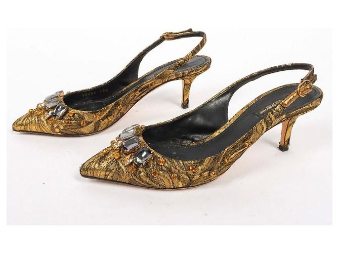 Décolleté Slingback Dolce & Gabbana in Seta e Cristalli D'oro - vista 3