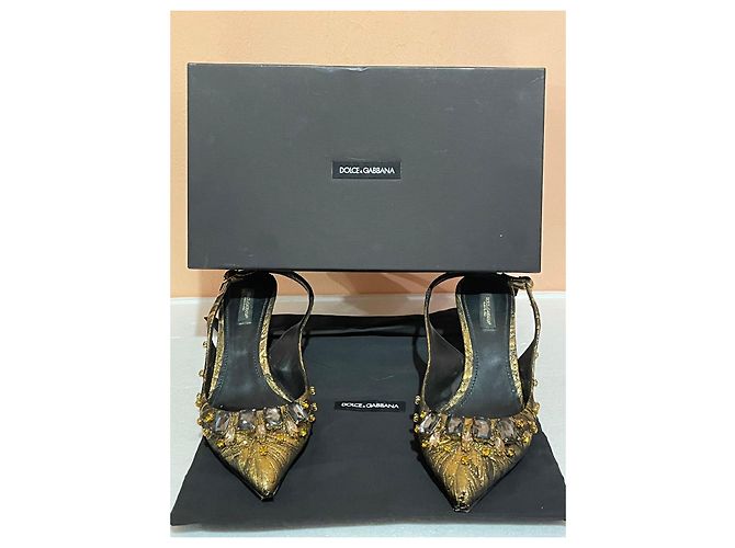 Décolleté Slingback Dolce & Gabbana in Seta e Cristalli D'oro - vista 4