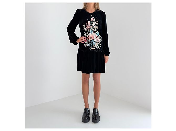 N°21 Schwarzes Samtkleid mit Blumenstickerei Mehrfarben - Ansicht 3
