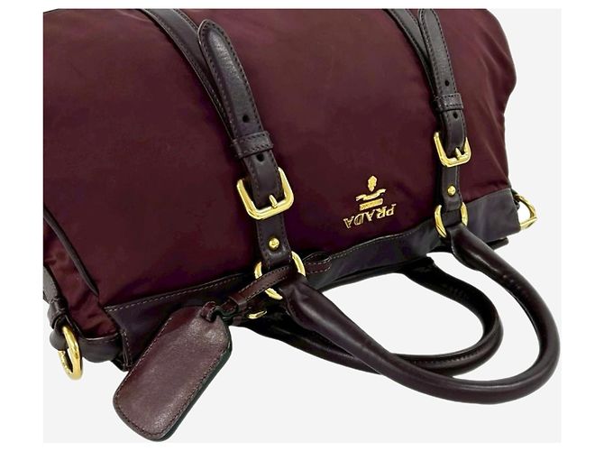 Prada Borsa a manico superiore in nylon e pelle bordeaux Bordò - vista 11