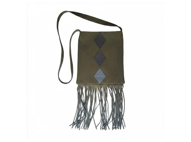 Autre Marque Borsa a tracolla in camoscio kaki con frange Great by Sandie Marrone Cachi - vista 3