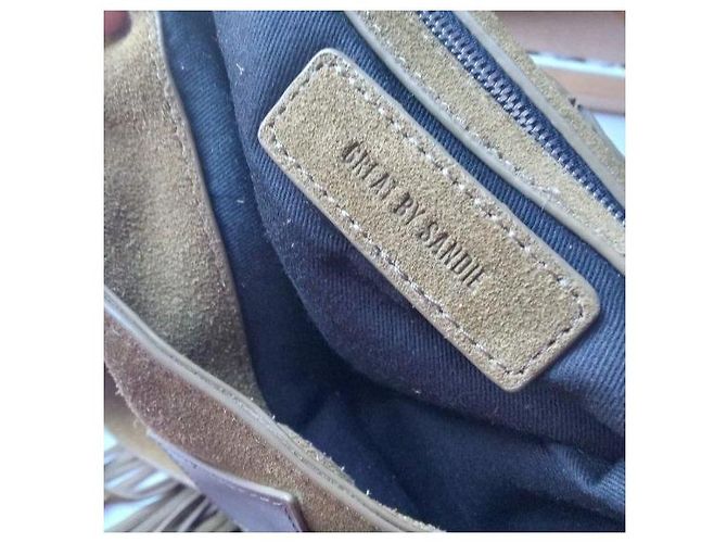 Autre Marque Borsa a tracolla in camoscio kaki con frange Great by Sandie Marrone Cachi - vista 5