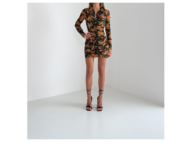 Autre Marque Richard Quinn Mini-Mesh-Kleid mit Blumenprint Schwarz Grün Orange - Ansicht 7