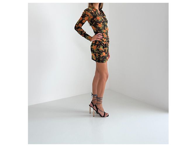Autre Marque Richard Quinn Mini-Mesh-Kleid mit Blumenprint Schwarz Grün Orange - Ansicht 8