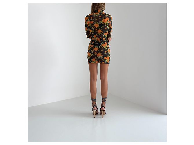 Autre Marque Richard Quinn Mini-Mesh-Kleid mit Blumenprint Schwarz Grün Orange - Ansicht 9