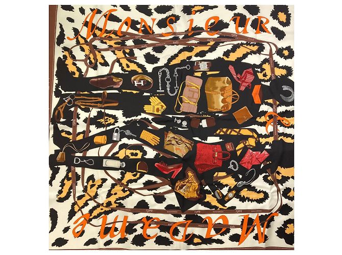 Hermès Sciarpa Hermes Carre 90 Monsieur & Madame Marrone - vista 3