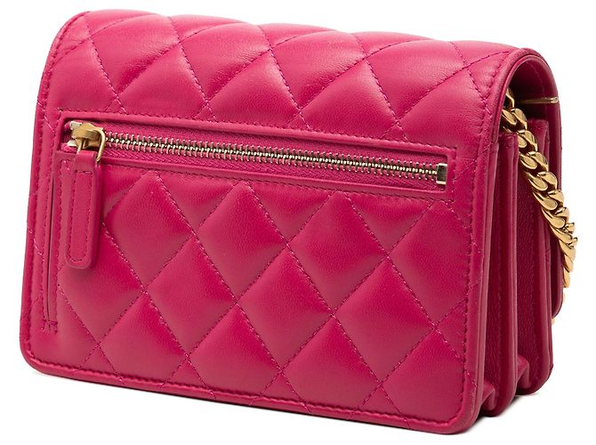 Chanel Samba Wallet On Chain aus rosa gestepptem Lammleder mit Mini CC und Perlen Pink - Ansicht 2