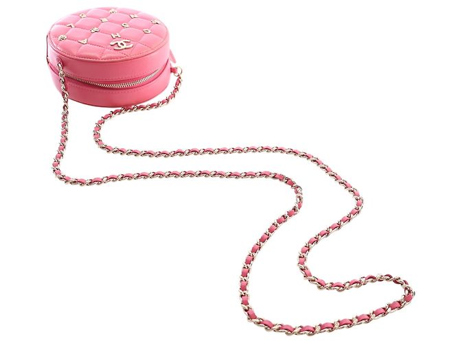 Clutch rotonda Chanel Pink CC in agnello trapuntato con charm e catena Rosa - vista 14