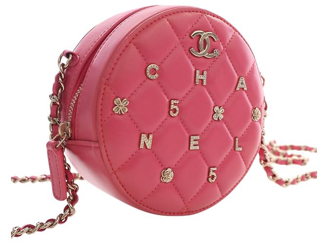 Clutch rotonda Chanel Pink CC in agnello trapuntato con charm e catena Rosa - vista 2