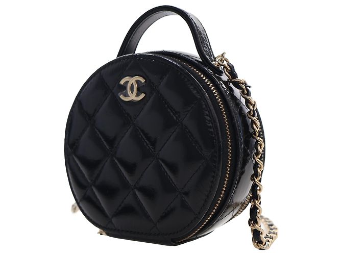 Vanity Beauty case rotondo Chanel Black Quilted Glazed Lambskin Handle With Care con catena Nero - vista 3