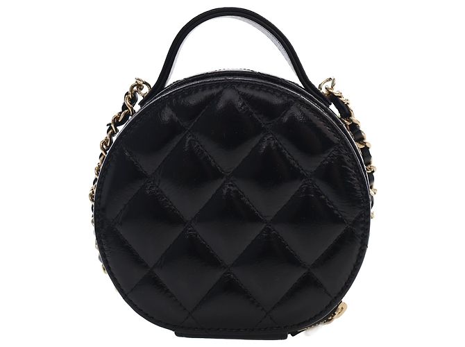 Vanity Beauty case rotondo Chanel Black Quilted Glazed Lambskin Handle With Care con catena Nero - vista 4