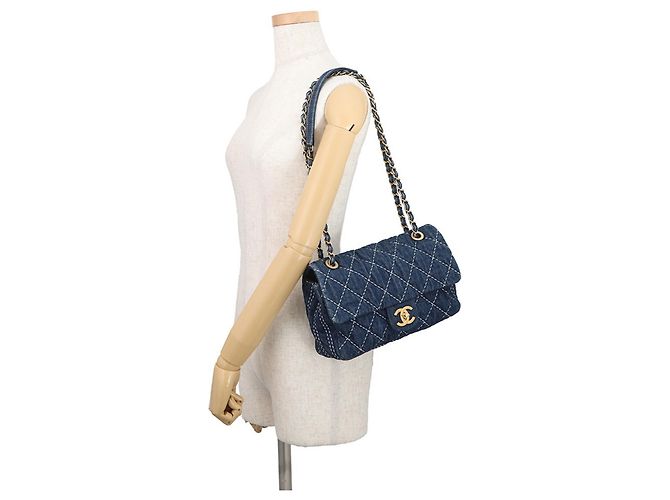 Borsa a Spalla Chanel Denim Chain Blu - vista 4