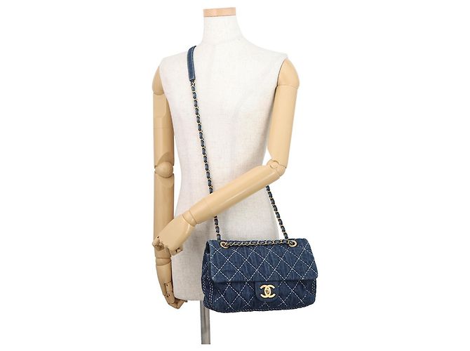 Borsa a Spalla Chanel Denim Chain Blu - vista 5