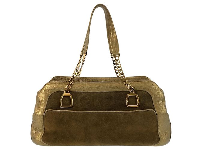 Borsa a tracolla Cartier La Dona in scamosciato marrone e pelle dorata D'oro Metallico - vista 2