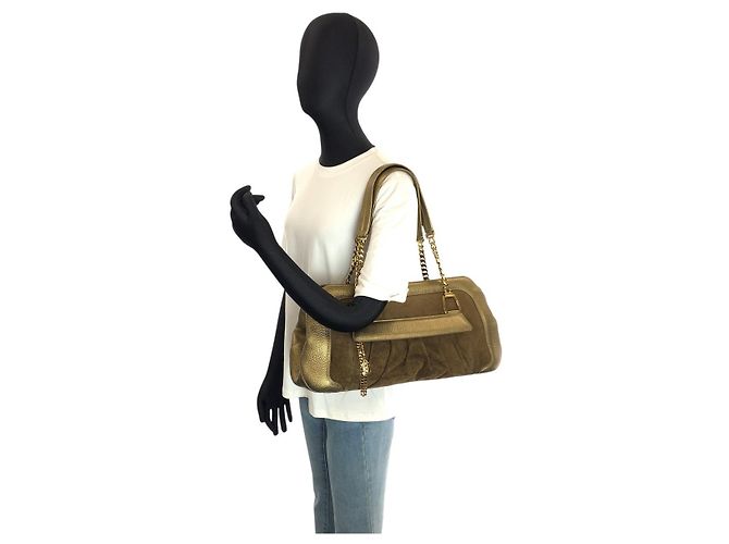 Borsa a tracolla Cartier La Dona in scamosciato marrone e pelle dorata D'oro Metallico - vista 6