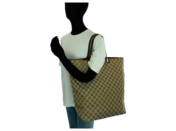 Sacola Tote de Lona GG e Couro Gucci Marrom - vista 7