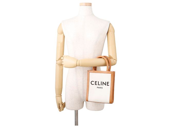 Céline Borsa Celine Mini Vertical Cabas in tela e pelle Marrone Beige - vista 4