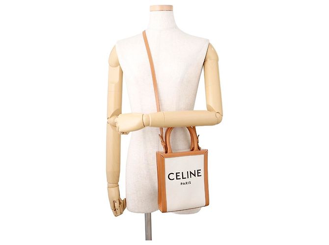 Céline Borsa Celine Mini Vertical Cabas in tela e pelle Marrone Beige - vista 5