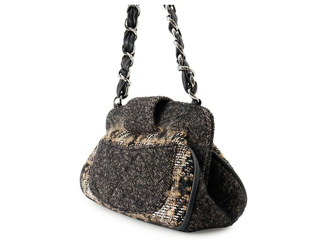 Sac à bandoulière Chanel Matelassé Tweed Noir Multicolore Marron foncé - vue 2