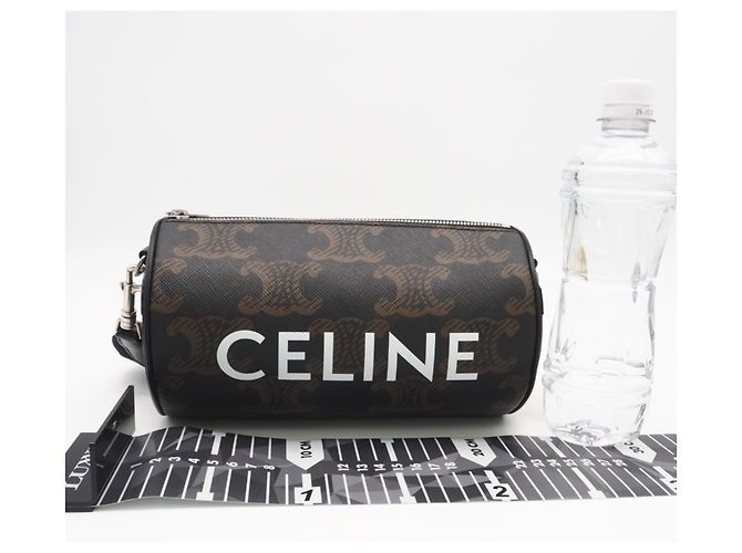 Céline Celine Triomphe Canvas Cylinder Schultertasche Braun Schwarz Weiß - Ansicht 3