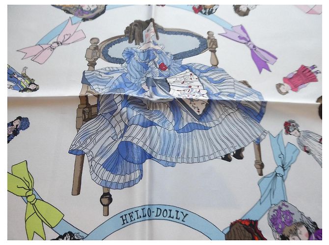 Hermès 'Hello Dolly' Seidenschal 90x90 Pink Weiß Rot Blau Grün Lila Gelb - Ansicht 10