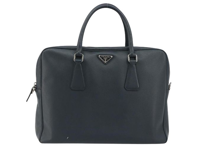 Borsa Business PRADA in pelle Saffiano Blu Navy Argento Auth ka5145 - vista 2