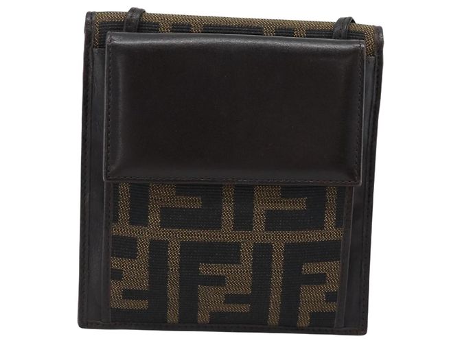 FENDI Zucca Canvas Shoulder Wallet Marrone Nero Auth 190683A - vista 2