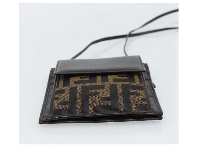 FENDI Zucca Canvas Shoulder Wallet Marrone Nero Auth 190683A - vista 9