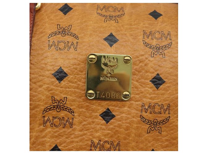 Borsa Mini Boston Vicetos Logogram MCM in PVC e pelle 2way Marrone Oro Auth 190895 D'oro - vista 14