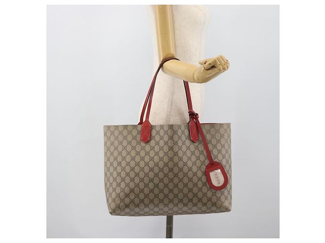 Borsa Tote GUCCI GG Supreme in PVC e pelle reversibile Rosso Beige Auth 190841 - vista 22