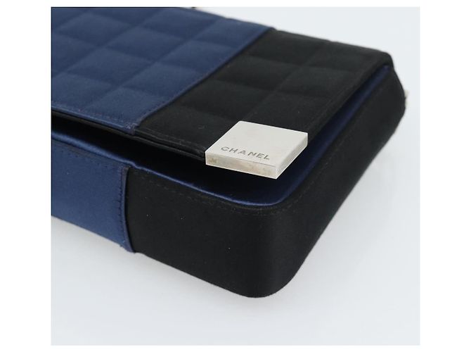 CHANEL Choco Bar Line Chain Shoulder Bag Satin Navy Silver CC Auth mr2769 Silber Marineblau - Ansicht 10