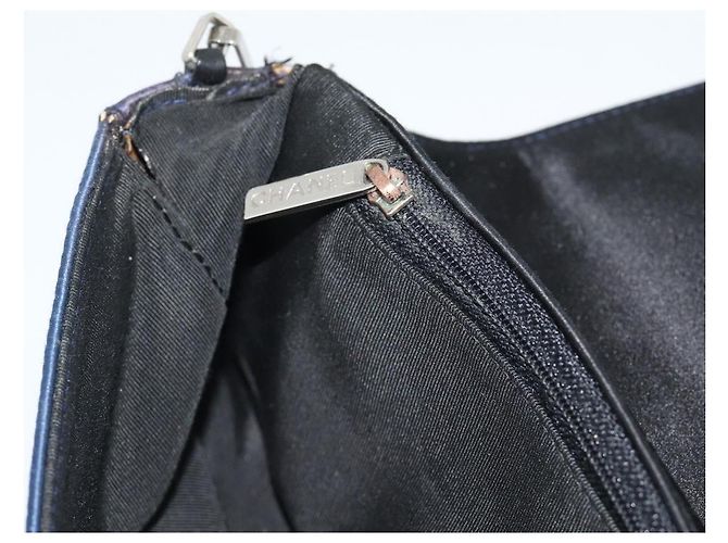 CHANEL Choco Bar Line Chain Shoulder Bag Satin Navy Silver CC Auth mr2769 Silber Marineblau - Ansicht 19