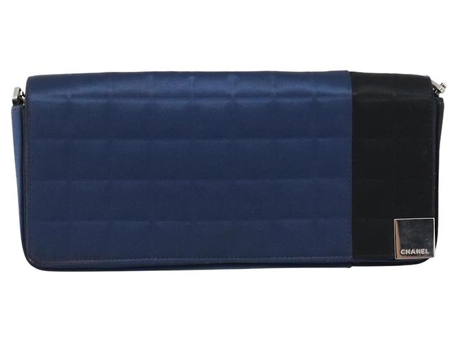 CHANEL Choco Bar Line Chain Shoulder Bag Satin Navy Silver CC Auth mr2769 Silber Marineblau - Ansicht 2