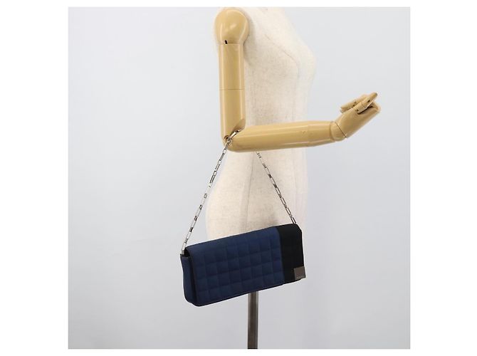 CHANEL Choco Bar Line Chain Shoulder Bag Satin Navy Silver CC Auth mr2769 Silber Marineblau - Ansicht 23