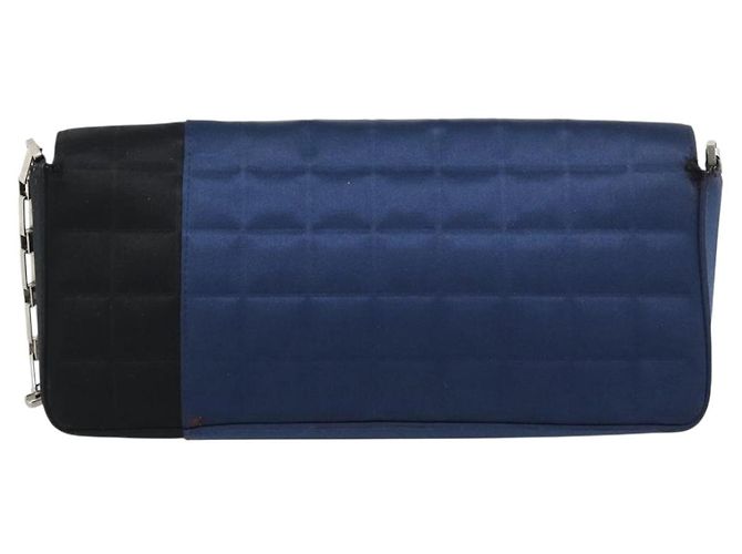 CHANEL Choco Bar Line Chain Shoulder Bag Satin Navy Silver CC Auth mr2769 Silber Marineblau - Ansicht 3