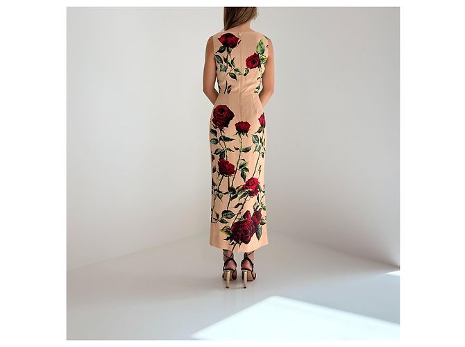 Dolce & Gabbana Vestido Midi Estampado Rosas Roja Beige - vista 11