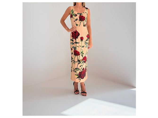 Dolce & Gabbana Vestido Midi Estampado Rosas Roja Beige - vista 2