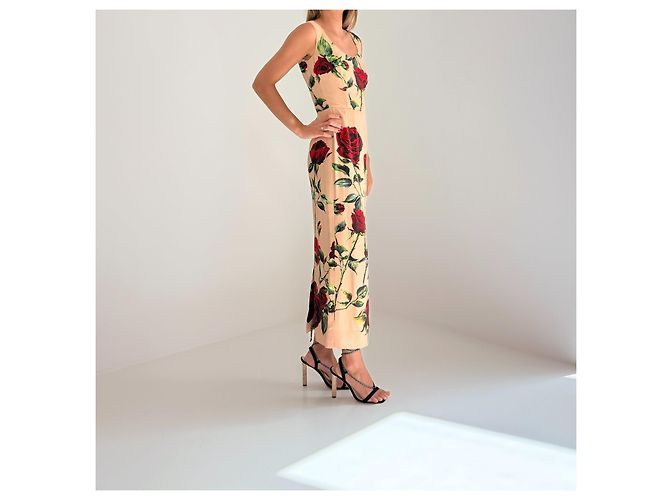 Dolce & Gabbana Vestido Midi Estampado Rosas Roja Beige - vista 5