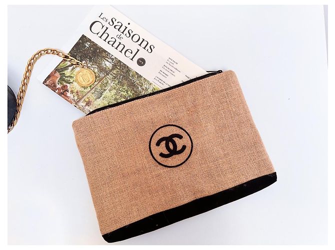 Pochette Chanel in tela di iuta beige e nera Nero - vista 2