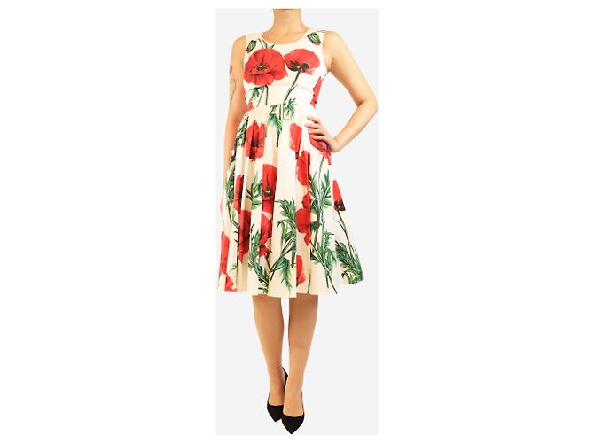 Dolce & Gabbana Midi-Kleid mit weiß-rotem Blumenprint - Größe UK 8 - Ansicht 3
