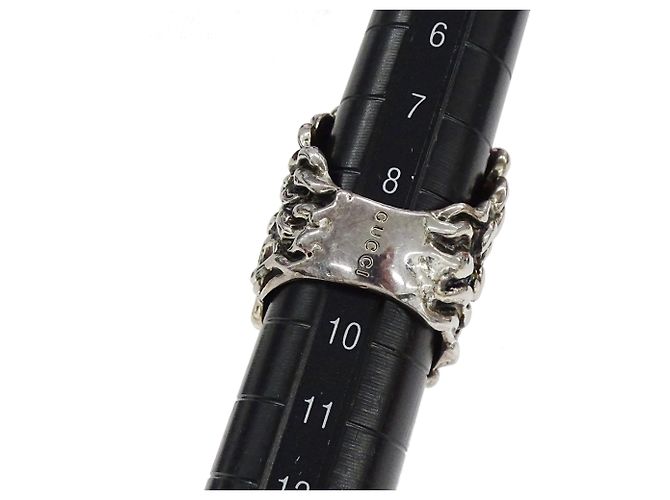 Anello Gucci a fascia con testa di leone nero e argento - vista 10