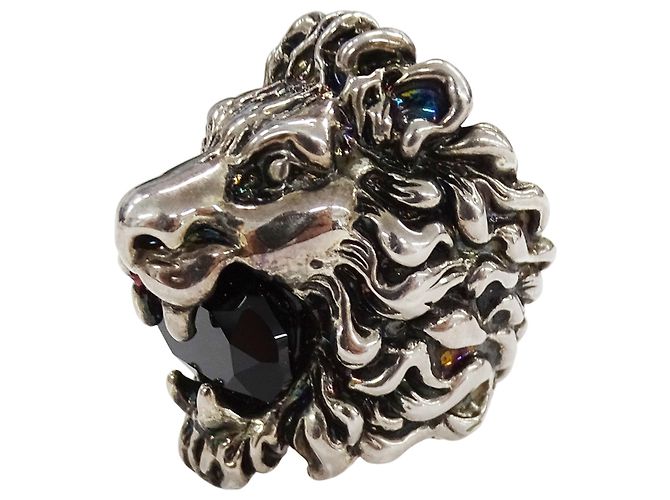 Anello Gucci a fascia con testa di leone nero e argento - vista 2