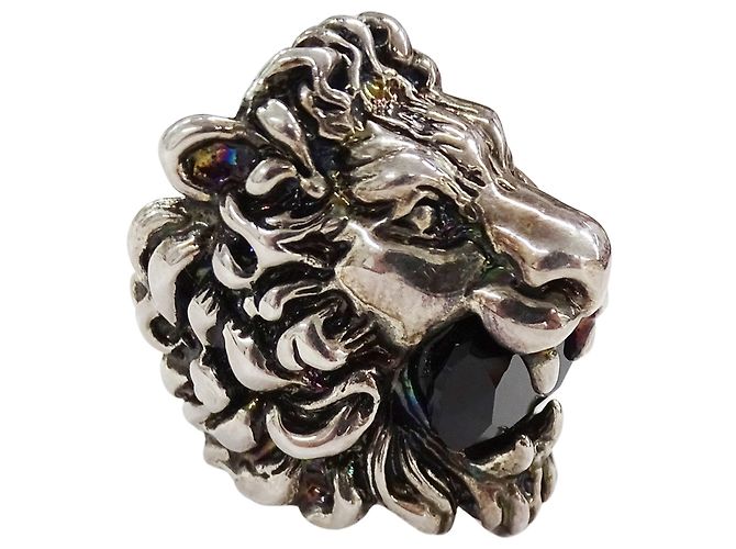 Anello Gucci a fascia con testa di leone nero e argento - vista 3