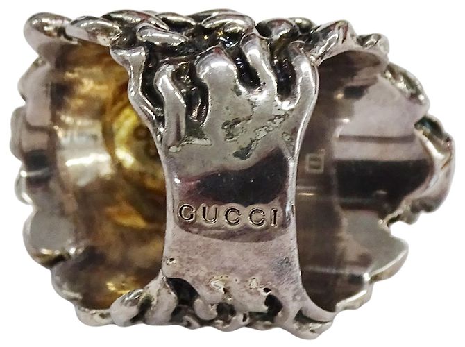 Anello Gucci a fascia con testa di leone nero e argento - vista 5