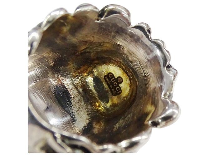 Anello Gucci a fascia con testa di leone nero e argento - vista 6