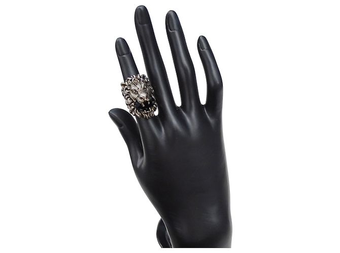 Anello Gucci a fascia con testa di leone nero e argento - vista 9