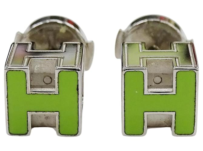 Hermès Orecchini a lobo Hermes Cage d'H H-Cube Verde e Argento - vista 3