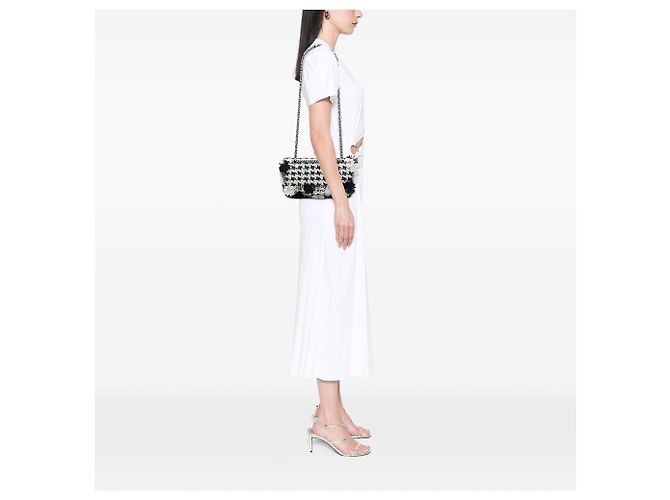 Chanel White Medium Classic Embroidered Canvas Houndstooth Pom Pom Flap Bianco - vista 6