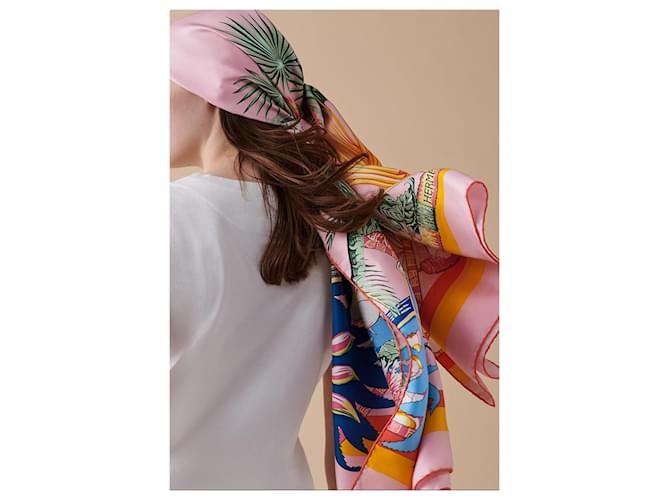Hermès Aloha Sciarpa in Twill di Seta Rosa Rosso Blu Verde Arancione Giallo - vista 7