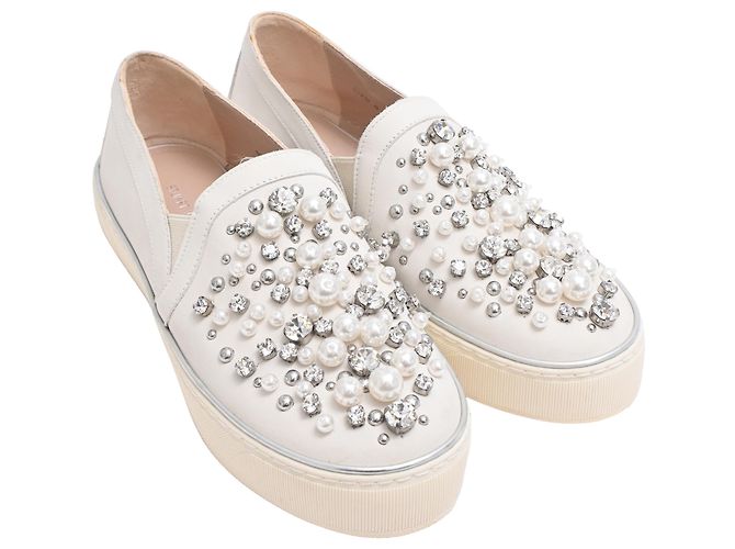 Stuart Weitzman Decor Embellished Slip-On Platform Sneakers in White Leather - view 2